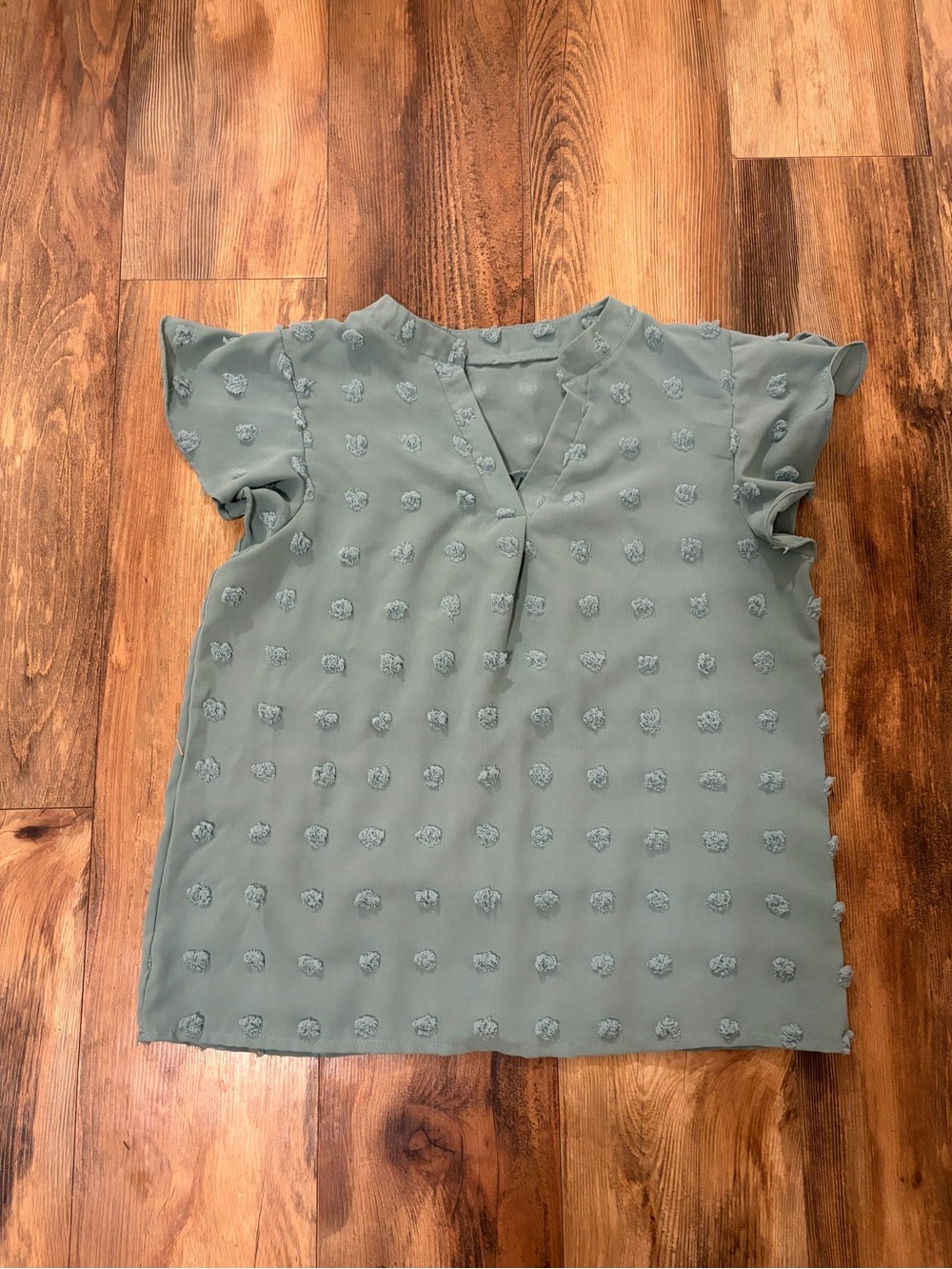 Textured Sage Green V-Neck Flutter Sleeve Blouse